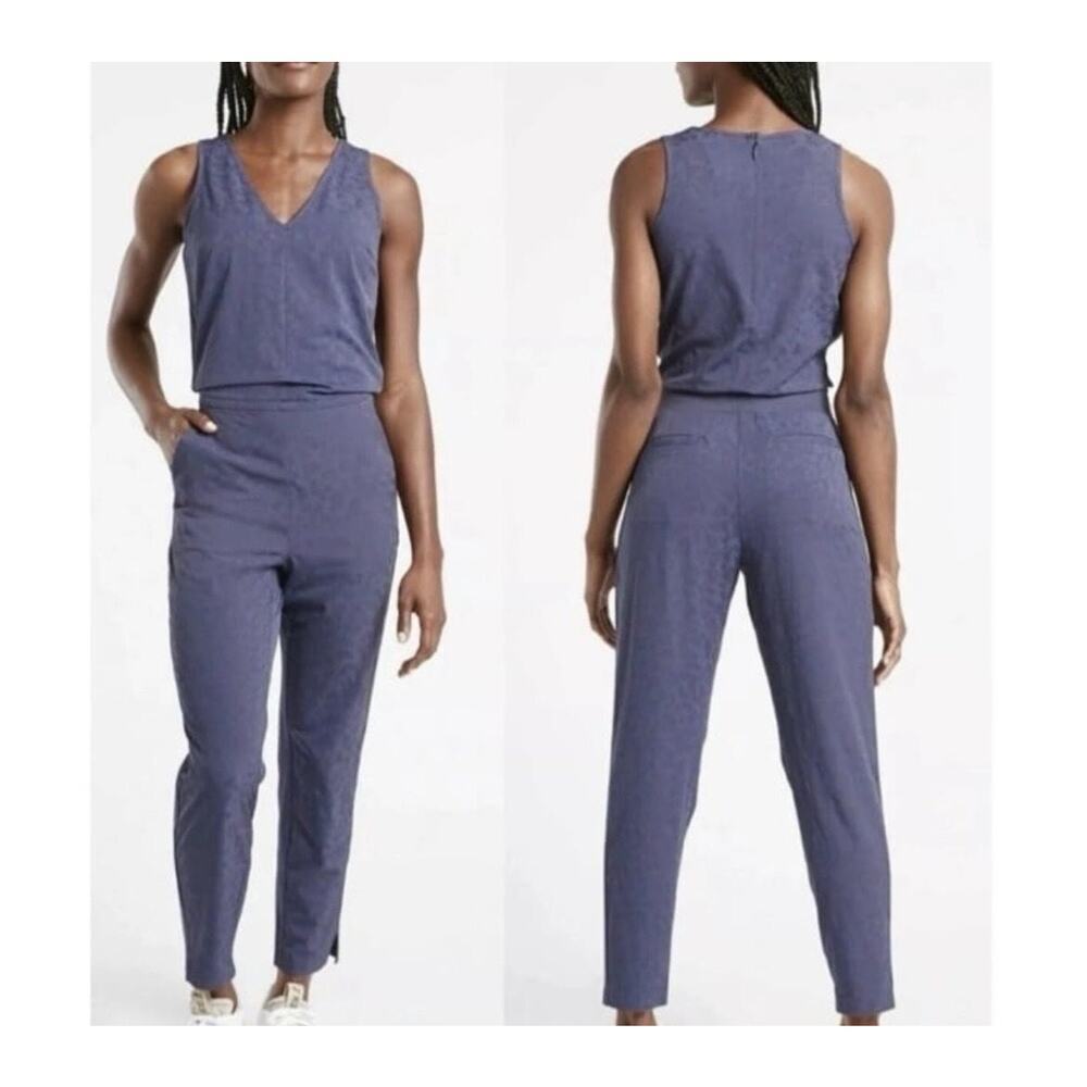 Athleta Jumpsuit Womens 10 Blue Brooklyn Textured V Neck Animal Print Stretch